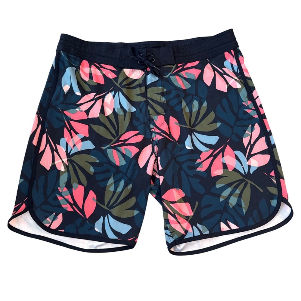 Old Navy Mens Tropical Leaf Board Shorts Navy Pink Size 36 Swim Trunks‎